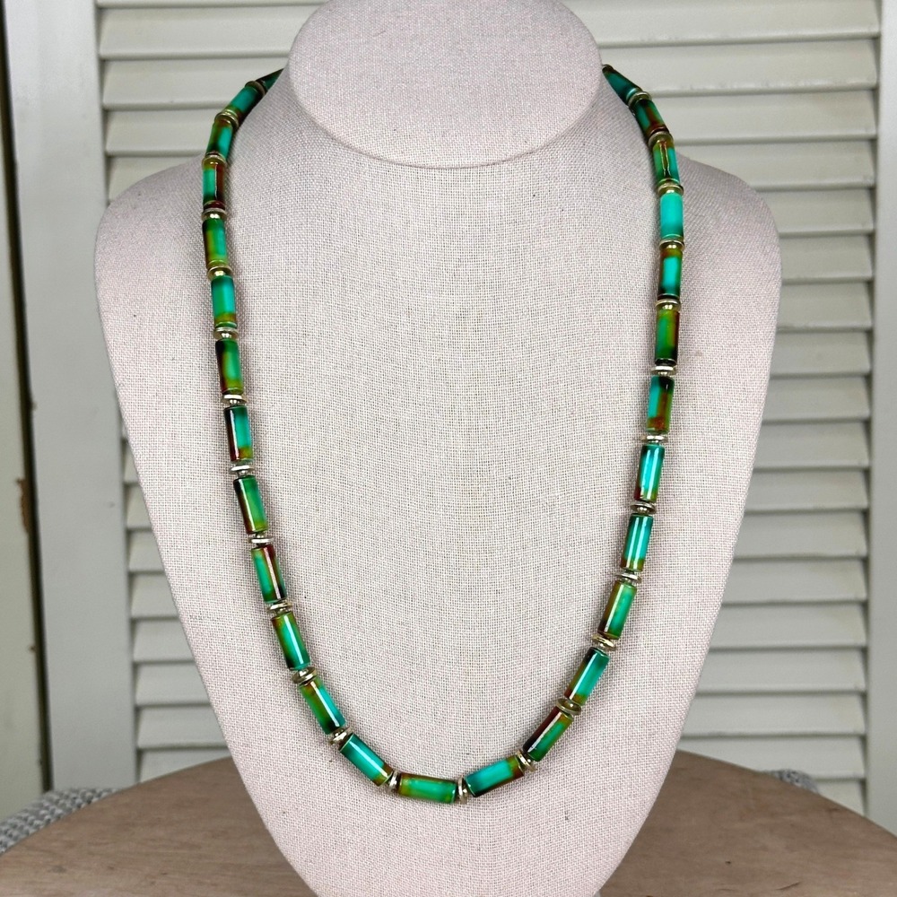 Vintage Artisan Boho Green Ombre Resin Tube Bead Necklace Gold Tone Box Clasp